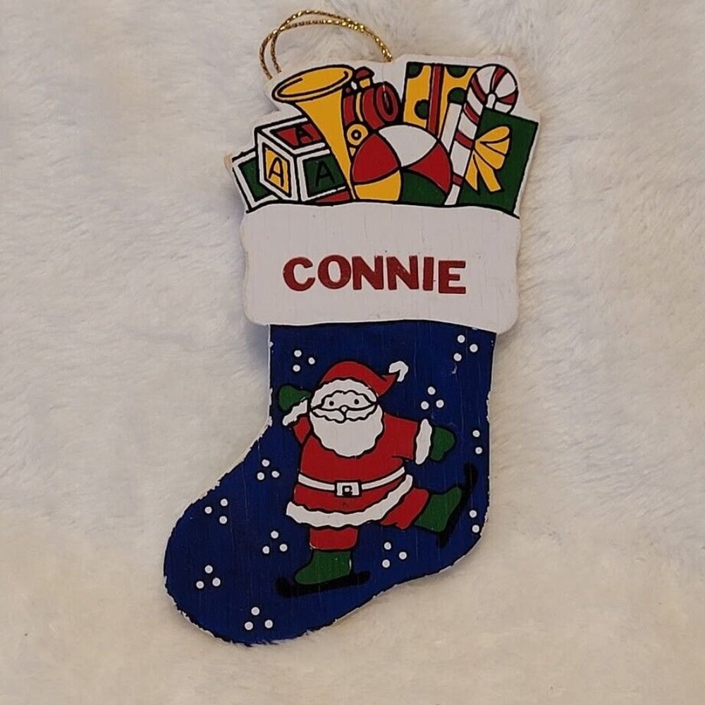 Vintage Wooden Christmas Stocking Ornament Santa Toys Custom Name Connie - Picture 2 of 6